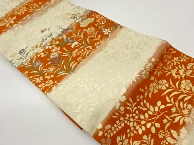 横段に扇・秋草模様織出し名古屋帯